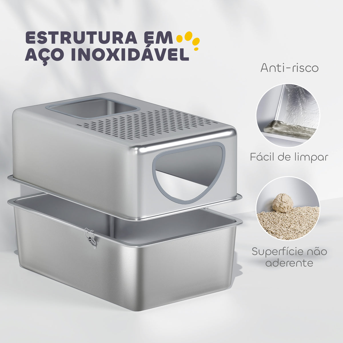 Caixa de Areia para Gatos em Aço Inoxidável XL Caixa de Areia para Gatos com Pá Aberturas Duplas Fácil de Limpar 60x39,6x40,1 cm Prateado — foto 4