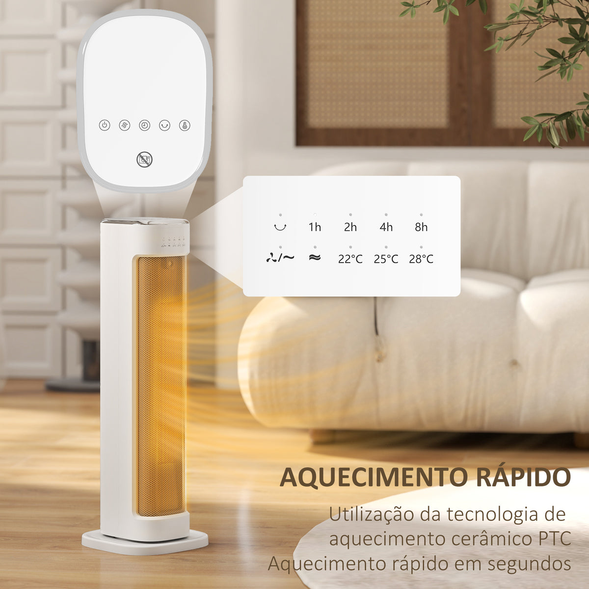 Aquecedor Elétrico de Baixo Consumo 2000W PTC Termoventilador com 3 Modos Termostato Regulável Temporizador Proteção contra Capotamentos e Sobreaquecimento Controlo Remoto para 15-20㎡ Branco — foto 4