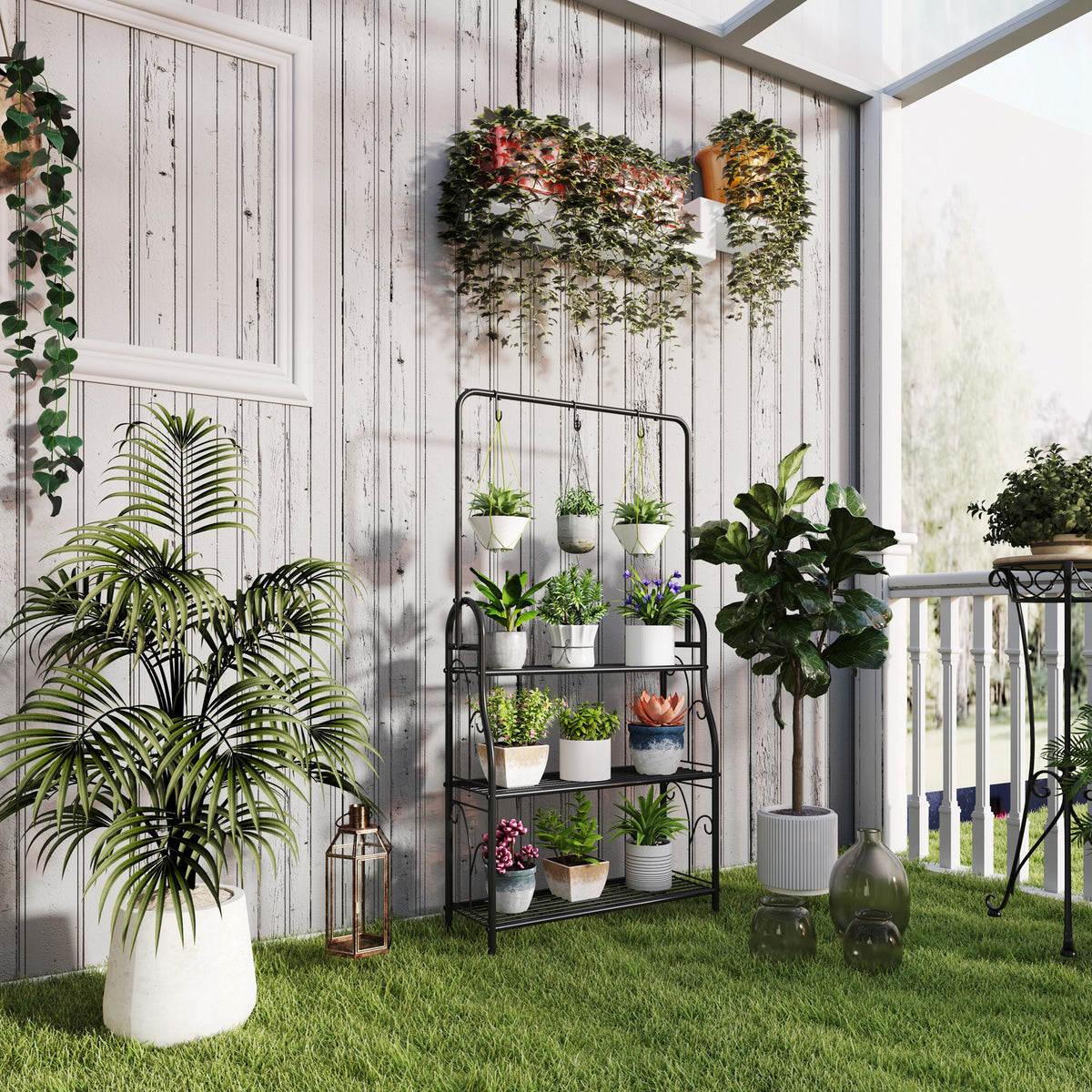 Suporte para Plantas de 3 Níveis Suporte para Vasos de Plantas com Ganchos de Metal Barra para Pendurar Suporte para Vasos para Interior e Exterior 75x25x137 cm Preto — foto 2