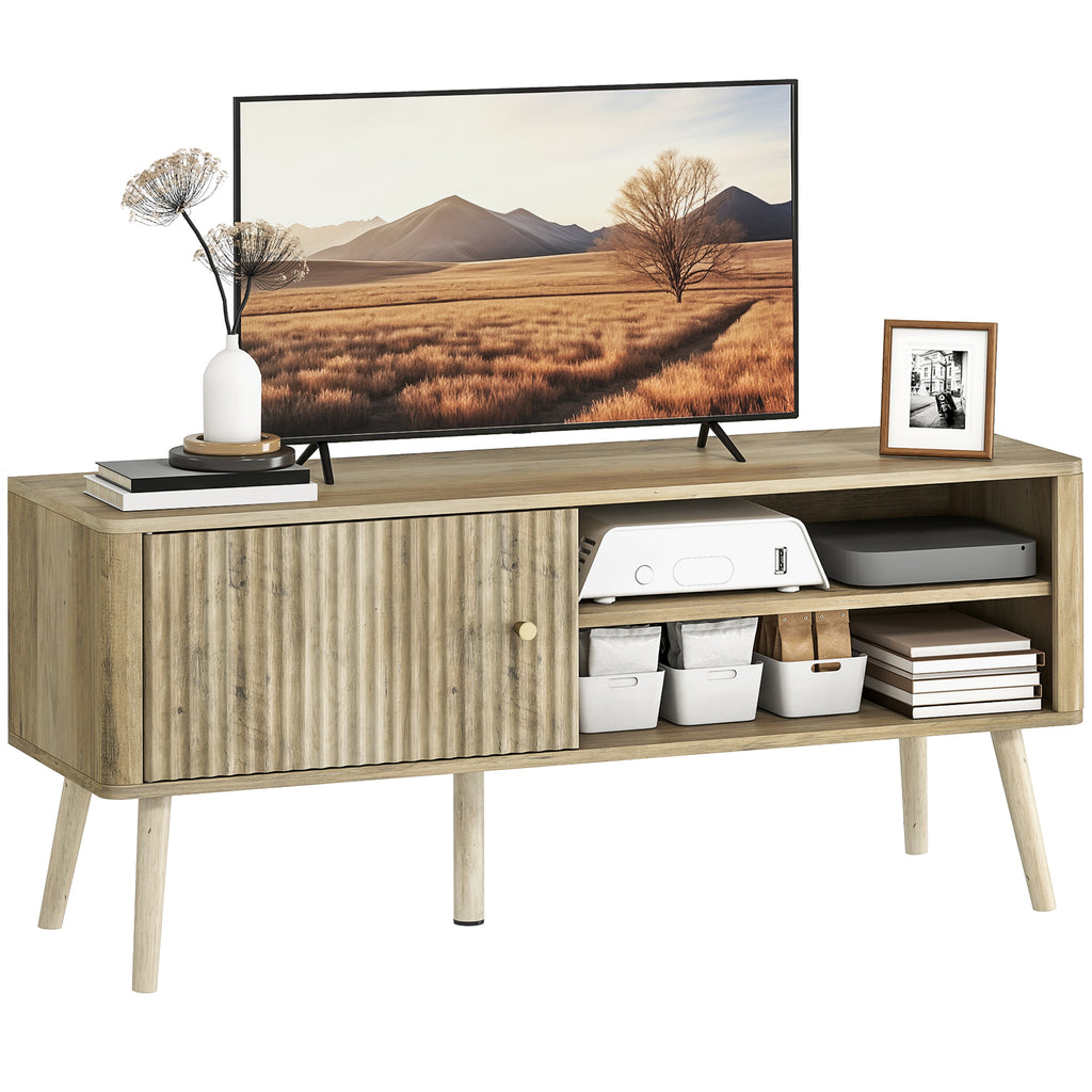 Móvel de TV Mesa de TV Móvel para Televisão até 55 Polegadas com Porta Acanalada Prateleira Ajustável Compartimentos Abertos e Orifício para Cabos para Sala de Estar 115x35x49 cm Carvalho — foto 1