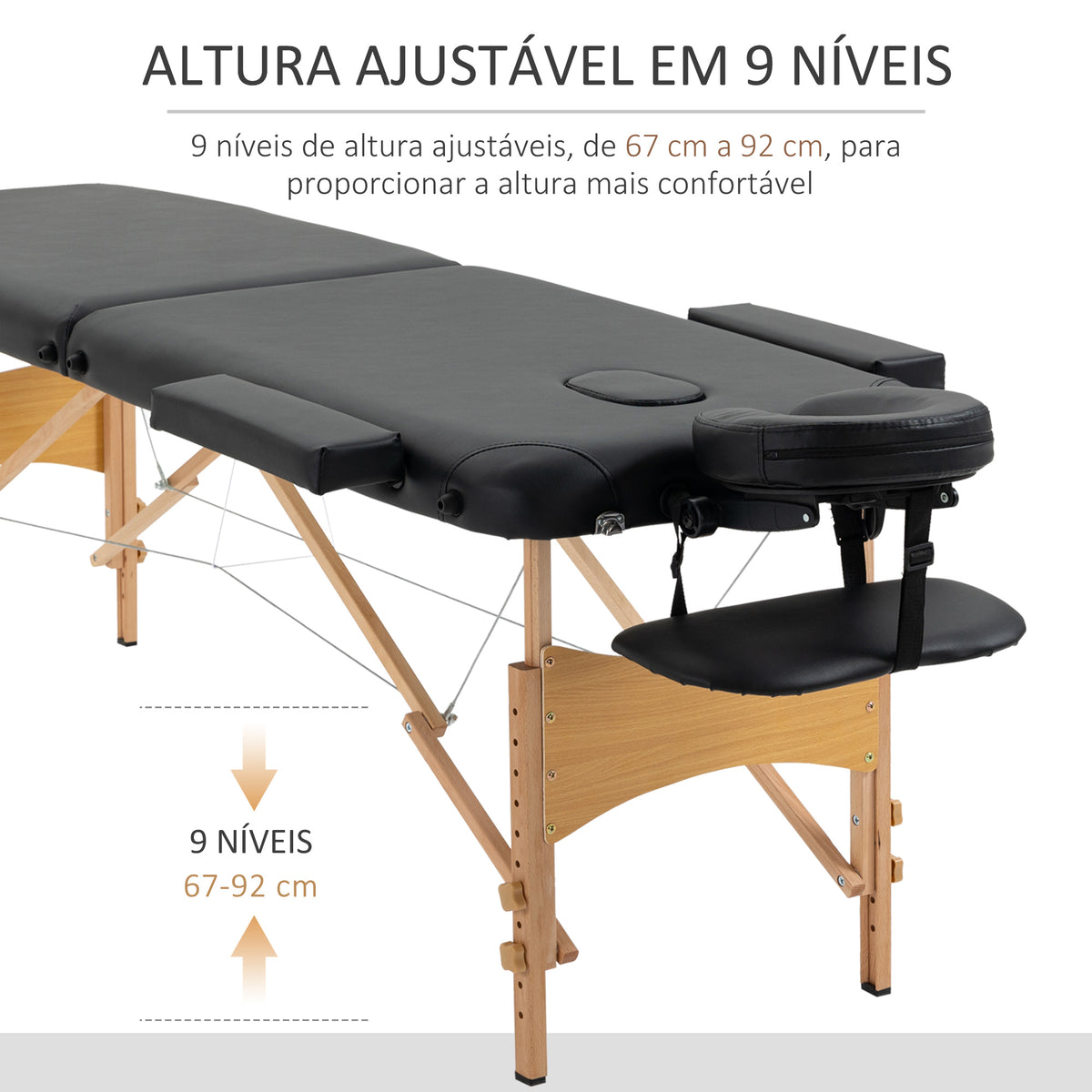 Marquesa de Massagem Dobrável Marquesa com Altura Ajustável 61-88 cm Desenho Ergonómico para Utilização Profissional Fácil de Transportar 185x60 cm Preto — foto 4