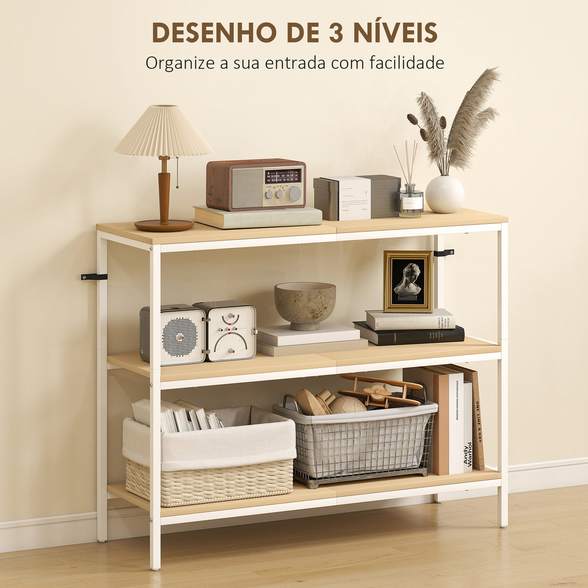 Mesa Consola Estreita Consola de Entrada Mesa de Entrada Moderna com 3 Prateleiras Abertas e Pés de Metal para Corredor Entrada Sala Dormitório 101x35x80 cm Madeira e Branco — foto 4