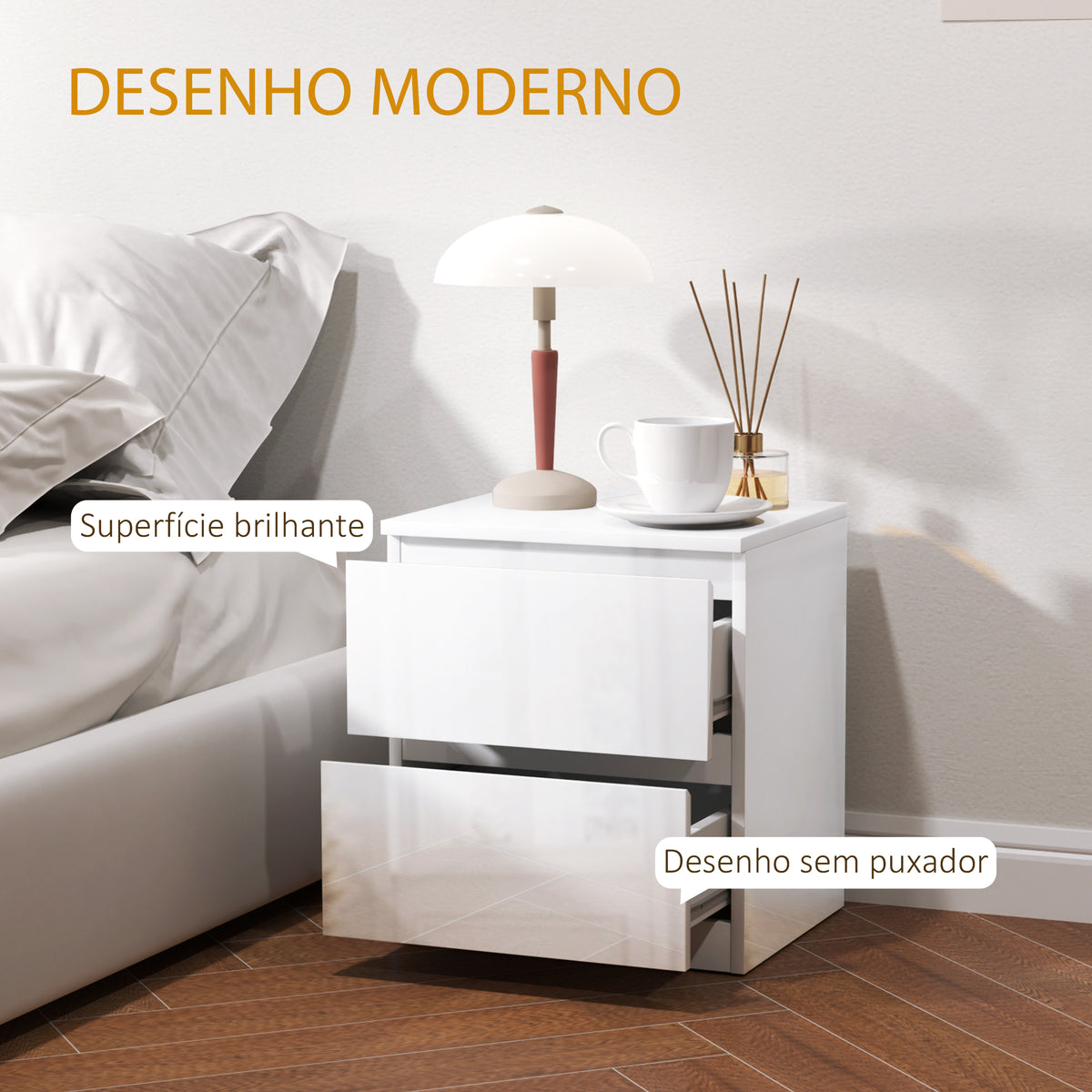 Mesa de Cabeceira Moderna Mesa de Cabeceira com 2 Gavetas Mesa de Cabeceira para Dormitório 40x34x45 cm Branco Brilhante — foto 4