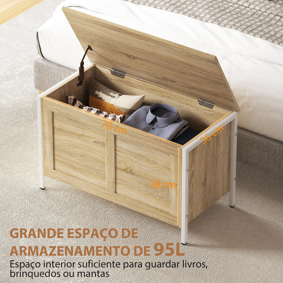 Baú de Armazenamento para Dormitório 95L Baú de Arrumação com Tampa Banco de Armazenamento Versátil com Dobradiça de Segurança para Corredor Sala de Estar 80x40x50 cm Madeira — foto 4