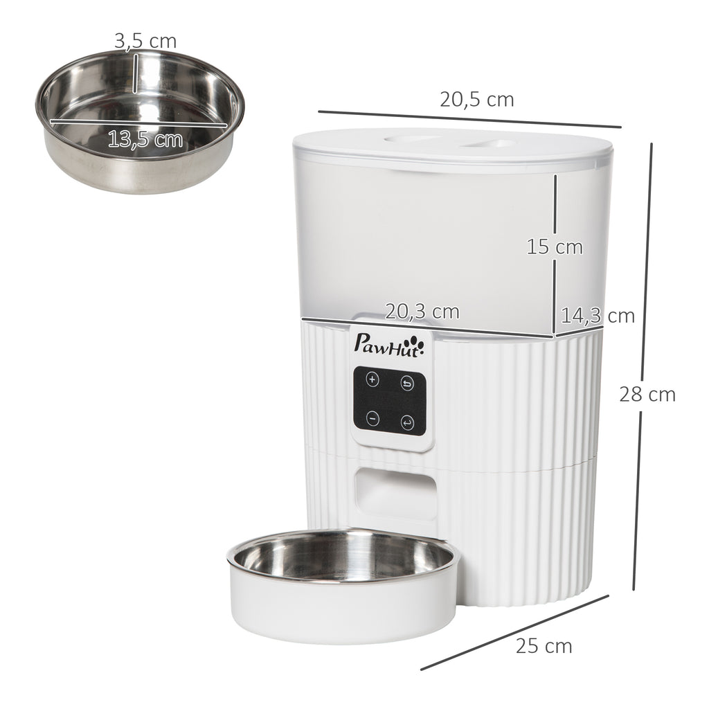 Comedouro Automático para Cães e Gatos 3,5L com Ecrã LED Temporizador Gravador de Voz Programável 4 Refeições ao Dia Tigela Removível e Lavável 20,5x25x28cm Branco — foto 3