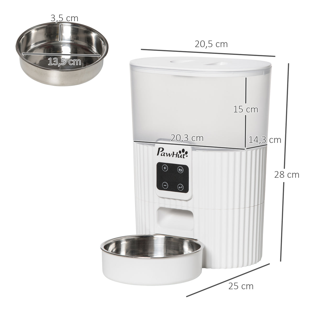 Comedouro Automático para Cães e Gatos 3,5L com Ecrã LED Temporizador Gravador de Voz Programável 4 Refeições ao Dia Tigela Removível e Lavável 20,5x25x28cm Branco — foto 3