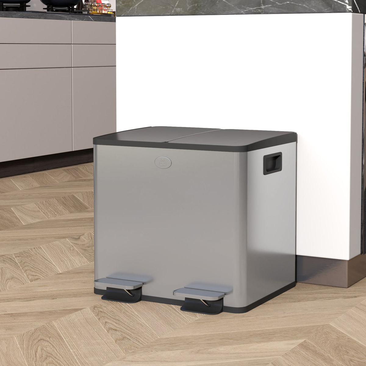 Balde de Lixo de Cozinha com 2 Compartimentos 2x15L Cubo de Lixo de Aço Inoxidável com Pedal Tampa de Fechamento Suave Rolo de 30 Bolsas de Lixo e Cubo Amovível 41,7x36,6x43,2 cm Prata — foto 2