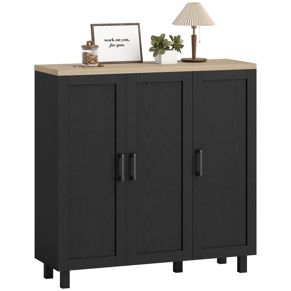 Aparador de Cozinha Armário para Sala de Estar Móvel Buffet com 3 Portas e Prateleiras Ajustáveis para Sala de Jantar Estilo Nórdico 90x30x90 cm Preto e Madeira — foto 1