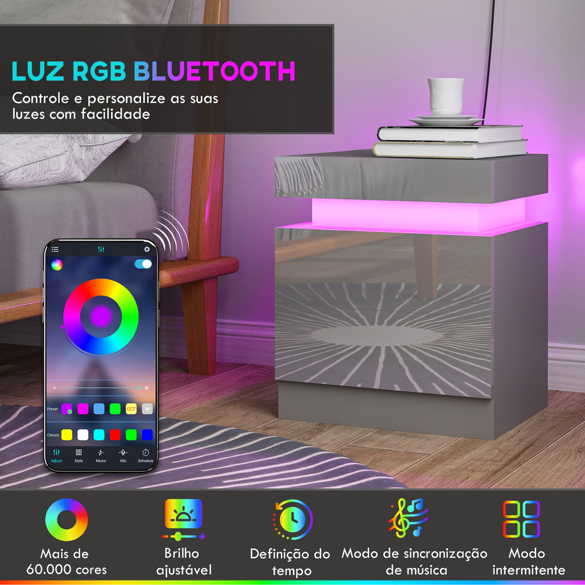Mesa de Cabeceira com Luz LED Mesa de Cabeceira com Painel de Alto Brilho 2 Gavetas e Controlo Remoto para Sala de Estar Dormitório 45x35x52 cm Cinzento — foto 4