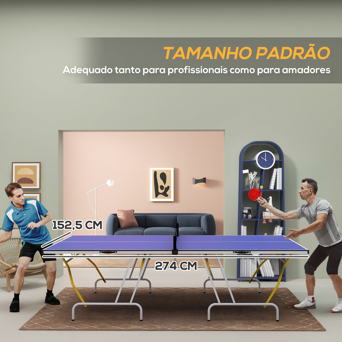 Mesa de Ping-Pong Dobrável Mesa de Ping-Pong Compacta com Rede Apoio para os Pés Ajustáveis e Estrutura de Aço para Interior e Exterior 274x152,5x76 cm Azul — foto 5