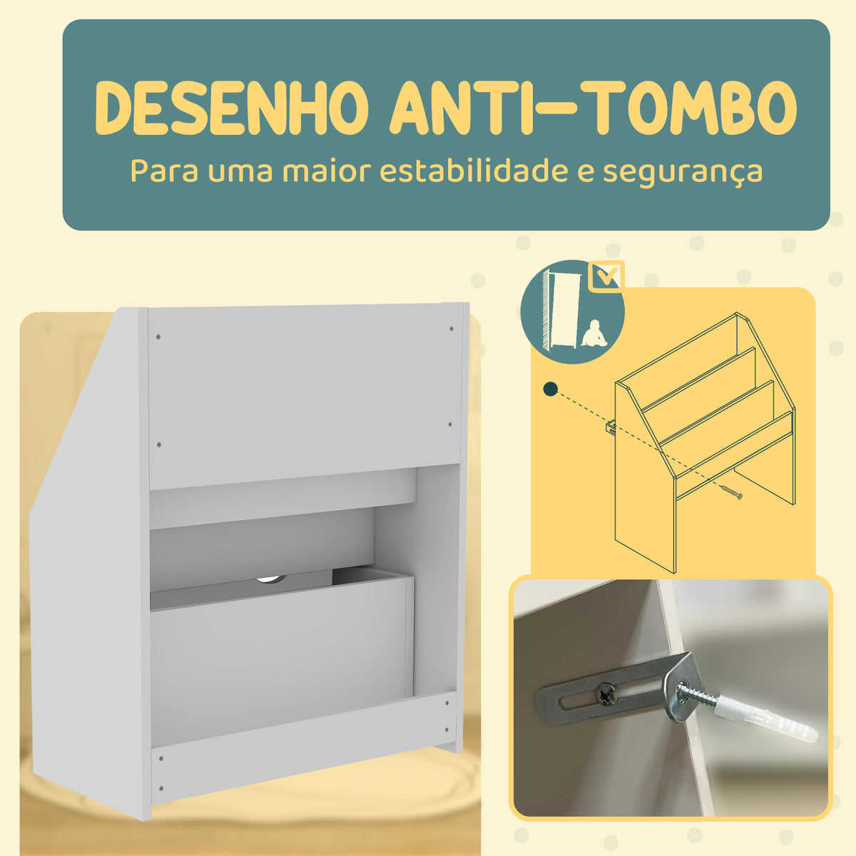 Estante de Brinquedos com 3 Compartimentos Estante Infantil para Brinquedos com Gaveta com Rodas Multifuncional para Quarto Sala de Jogos 62,5x30x70 cm Branco — foto 5