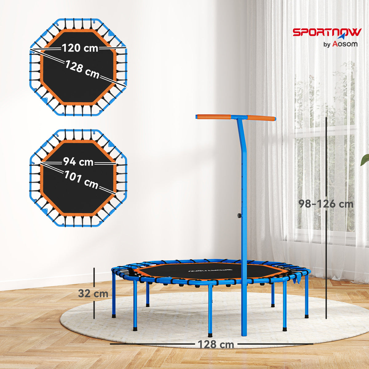 Trampolim fitness, trampolim de treino com corrimão ajustável, estável e silencioso, para interior, aço, azul — foto 2