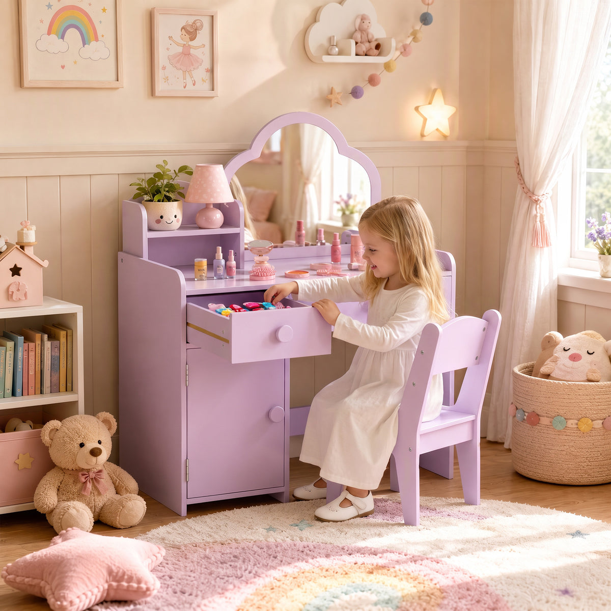 Conjunto Penteadeira Infantil 2 em 1 com Banqueta, Espelho, 2 Gavetas, Armário, 2 Prateleiras, Roxo — imagem 3