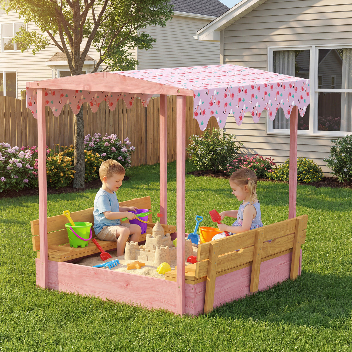 Caixa de Areia para Crianças 3-6 Anos com Toldo de Flamingos Assentos Dobráveis Tampa e Forro Incluídos Caixa de Areia Infantil em Abeto 134,5x127,5x130 cm Rosa — imagem 3