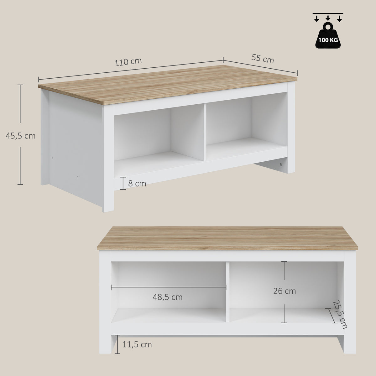 Mesa de Centro Retangular Mesa de Sala Moderna com 4 Compartimentos Abertos 110x55x45,5 cm Carvalho e Branco — foto 2