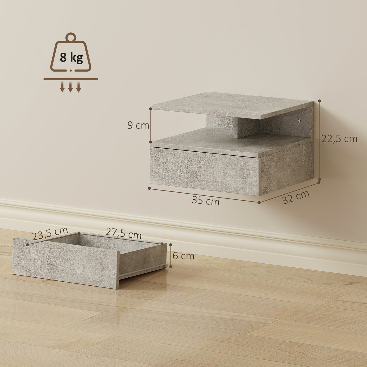 Conjunto de 2 Mesas de Cabeceira de Parede Mesas de Noite Suspensas com Gaveta Compartimento Aberto 35x32x22,5 cm Gimento Cinzento — foto 2