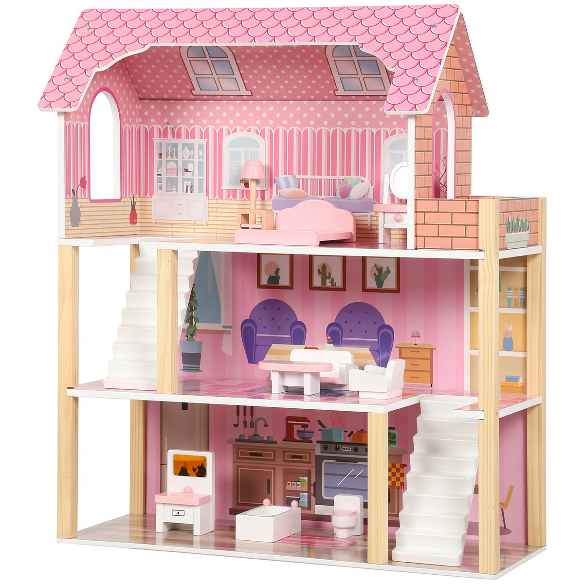 Casa de Bonecas de Madeira com 3 Andares, Varanda, Escadas e 10 Móveis, Brinquedo de Faz de Conta para Crianças 3-6 Anos, Rosa — foto 1