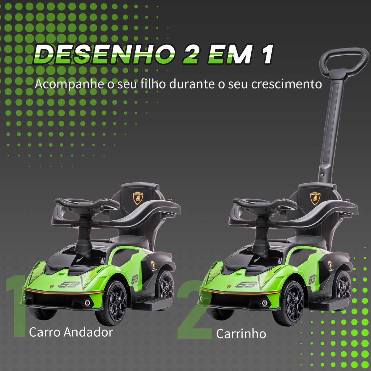 2 em 1 Carro Andador para Crianças 12-36 Meses Lamborghini Essenza SCV2 Carro Andador com Buzina Guiador e Grade de Segurança Removível 86,5x40x89,5cm Verde e Preto — foto 4