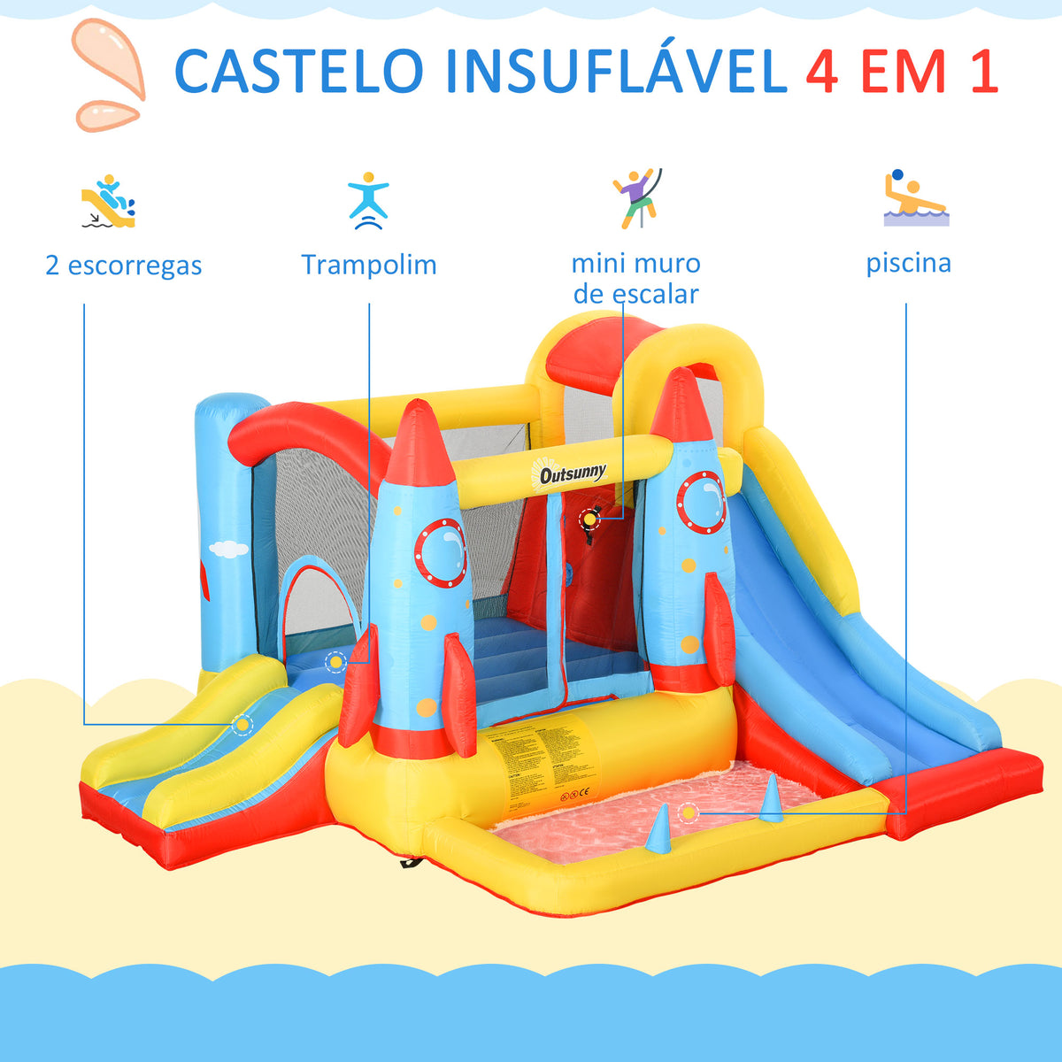 Castelo Insuflável com 2 Escorregas Trampolim e Piscina para Crianças acima de 3 Anos com Inflador e Bolsa de Transporte para Interior Exterior 330x265x185cm Multicor — foto 4