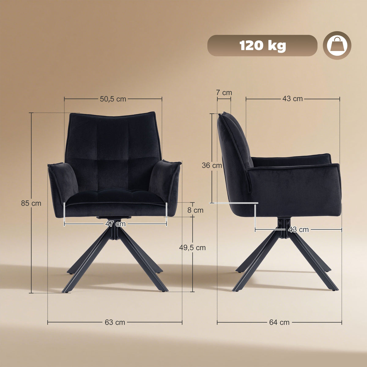 Conjunto de 2 Cadeiras de Refeição Giratórias 360° Cadeiras de Cozinha com Apoio de Braços Encosto Estofado Estofamento em Veludo Pés em Aço para Escritório Conferência Sala de Estar 63x64x85 cm Preto — foto 3