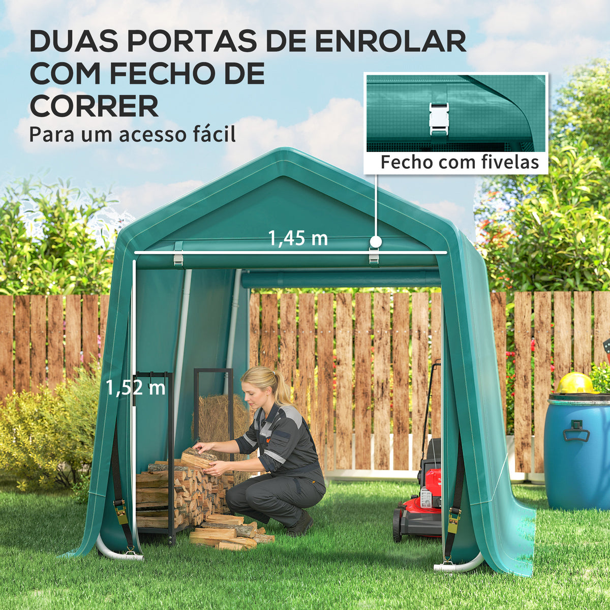 Abrigo de Jardim Exterior para Ferramentas, Bicicletas, 2,4x2x2 m, Cobertura Exterior com Estrutura de Metal, Porta Enrolável com Fecho, Impermeável, Anti-UV, Garagem Portátil, Verde — foto 5