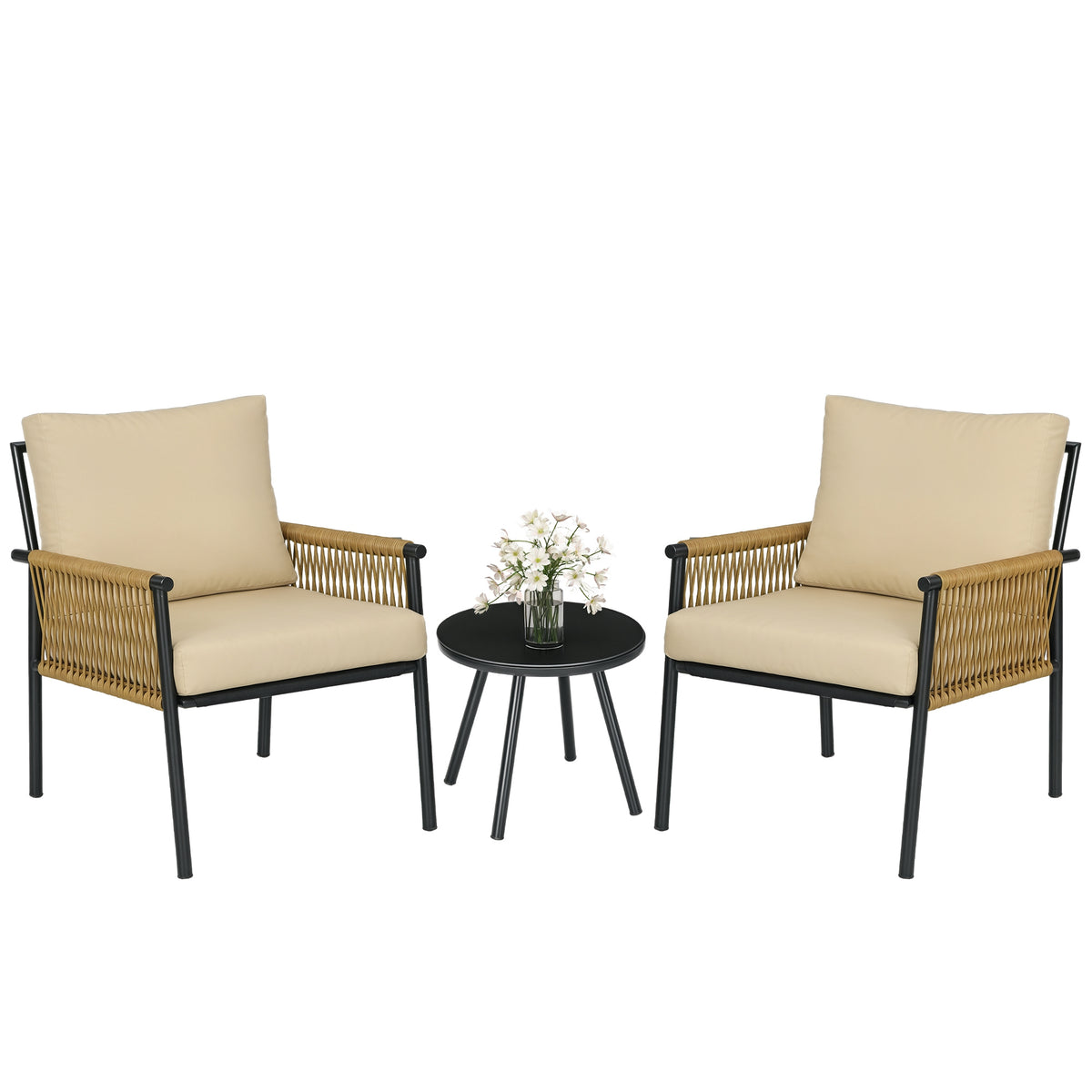 Conjunto de 3 Peças de Jardim em Vime Conjunto com 2 Cadeiras e 1 Mesa de Centro com Tampo de Vidro Temperado e Almofadas para Terraço Pátio Bege — foto 1