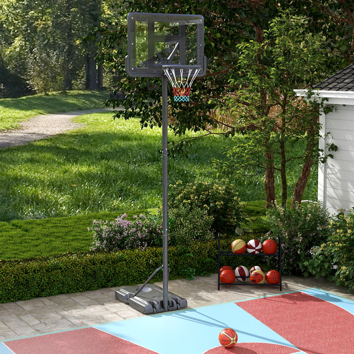 Tabela de Basquetebol de Exterior 2 em 1 com Altura Ajustável 230-305 cm Cesta de Basquetebol para Piscina com Suporte Tabela de Basquetebol com Rodas Base Preenchível 110x75x195-370 cm Preto — foto 2