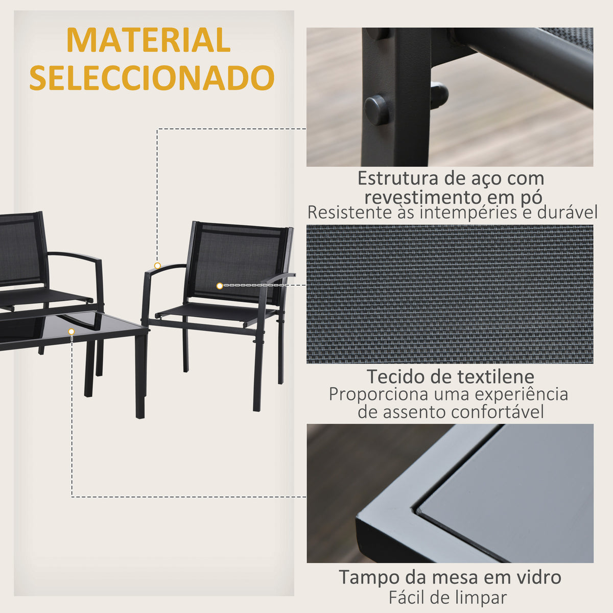 Conjunto de Móveis de Jardim Conjunto de 4 Peças Móveis de Exterior com 2 Poltronas 1 Sofá de 2 Lugares e Mesa de Centro com Tampo de Vidro Temperado Preto — foto 5