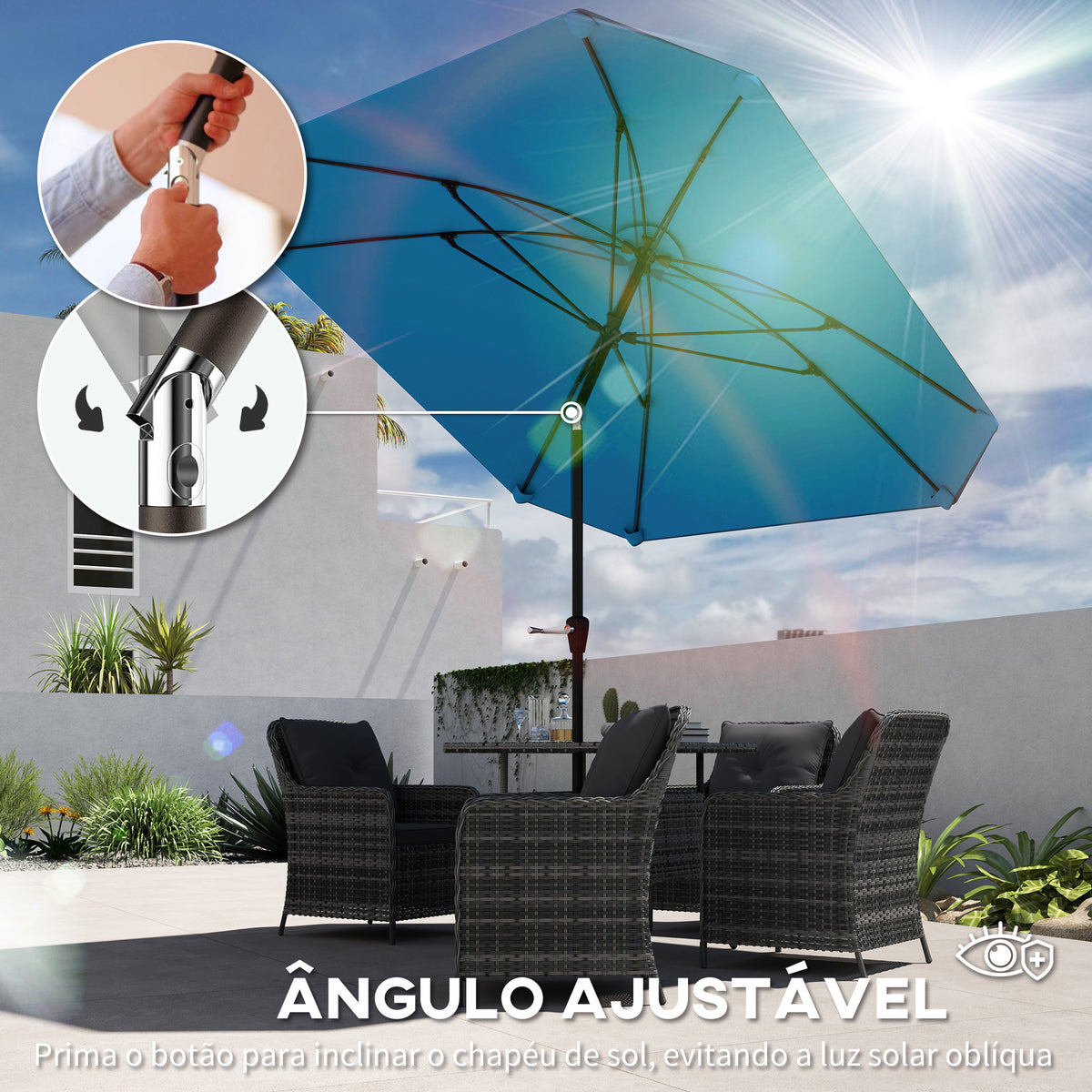 Chapéu de Sol de Exterior 233x233 cm Chapéu de Sol de Jardim com Ângulo Ajustável Impermeável Mastro de Alumínio Varas de Fibra de Vidro e Manivela Azul — foto 4