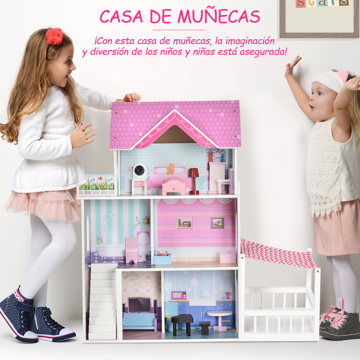 Casa de Bonecas de 3 Andares com Pátio Móveis Acessórios Bonita Casa de Bonecas de Madeira 86x30x87 cm Rosa — foto 4