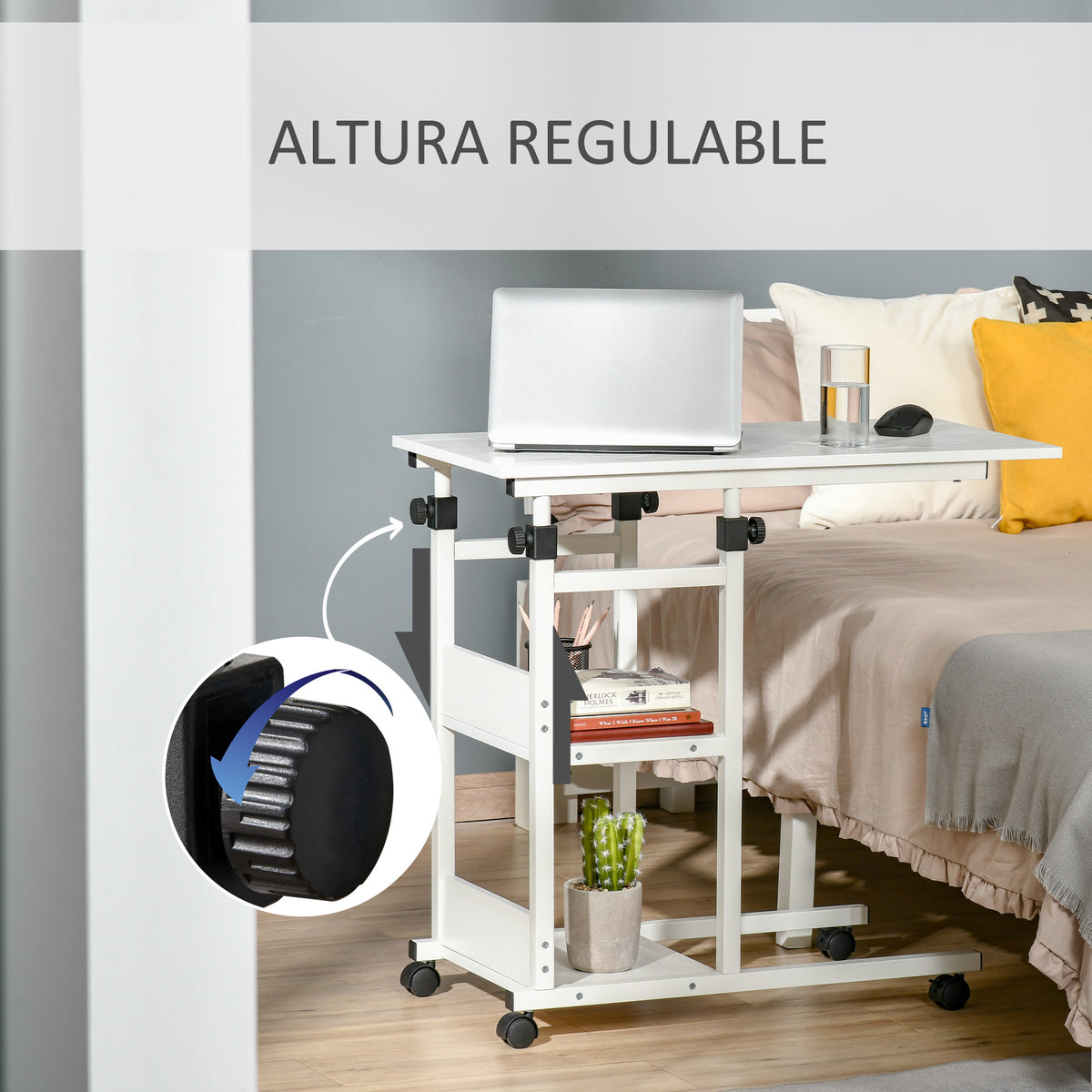 Mesa Lateral para Sofá Mesa lateral em Forma de C com 4 rodas Giratórias Freios Altura Ajustável 3 níveis Estrutura Metálica 80x40x72-82cm Branco — foto 6