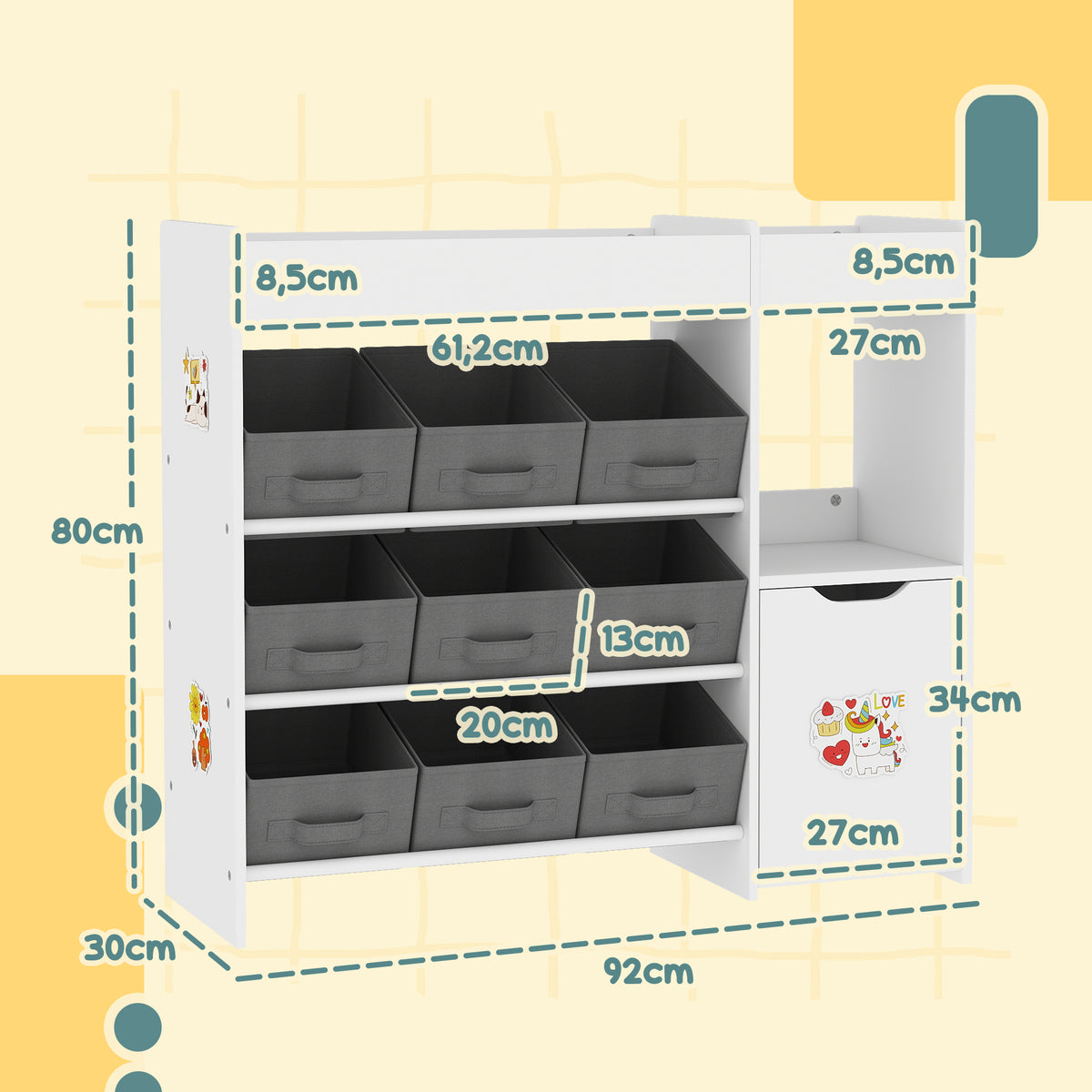Organizador de Brinquedos para Crianças Organizador Infantil com 9 Cestos Amovíveis Compartimentos e Autocolantes para Escola Infantil Sala de Jogos 92x30x80 cm Branco e Cinza — foto 3