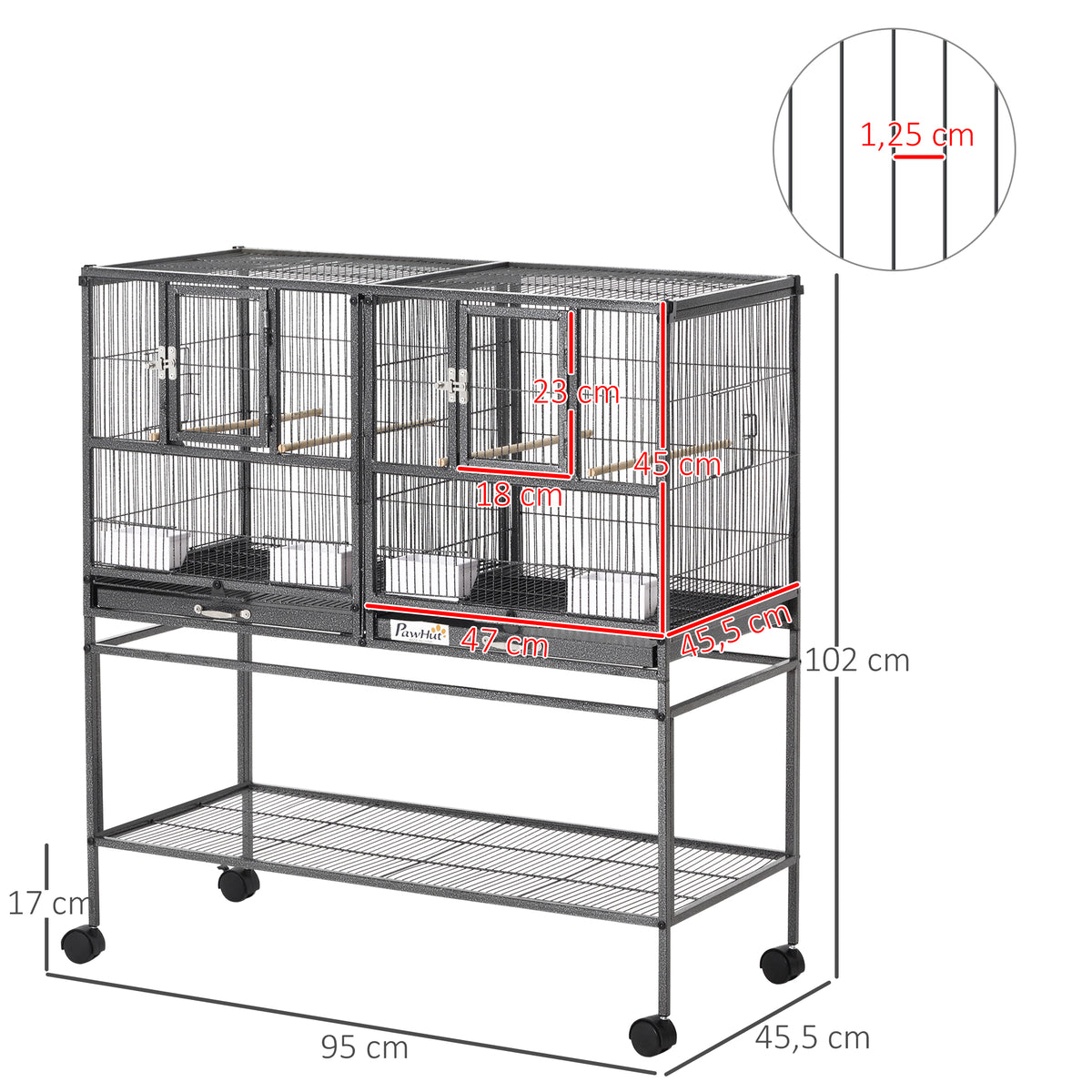 Gaiola dupla para pássaros pequenos Gaiola grande para pássaros com 4 bandejas múltiplas portas 4 Alimentadores 4 Cabides 95x45,5x102 cm Preto — foto 3