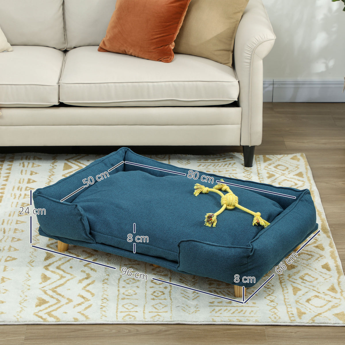 Sofá para Cães Grandes Cama Elevada para Cães com Pés de Madeira e Almofada Lavável Cama para Animais de Estimação Carga 30 kg 96x66x24 cm Azul Escuro — foto 3