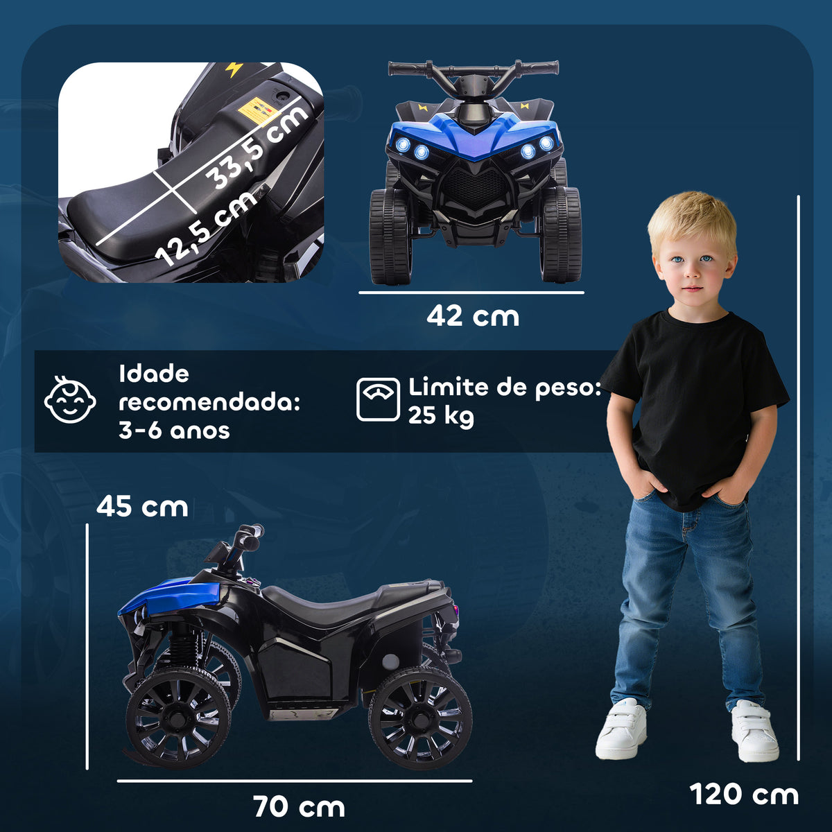 Quadriciclo Elétrico para Crianças 6 V Quadriciclo para Crianças de 3-8 Anos com Velocidade até 3 km/h Faróis e Música 70x42x45 cm Azul — foto 3