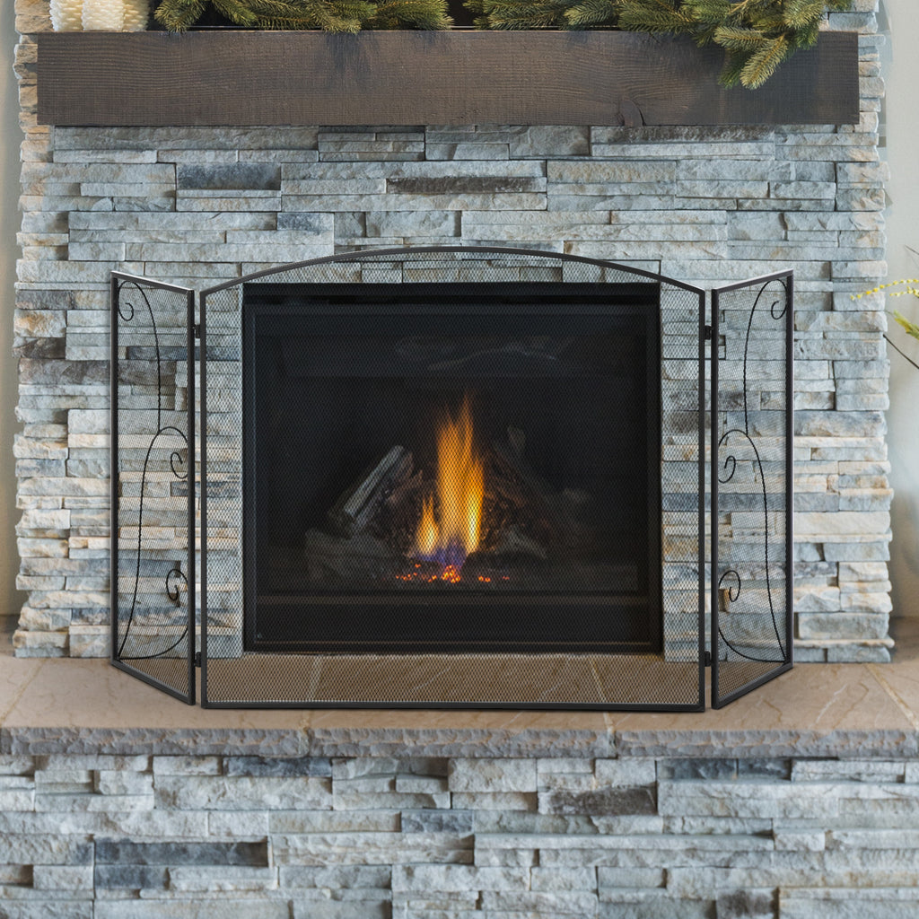 Frente para Lareira de 3 Painéis Frente para Lareira Dobrável com Dobradiças Estrutura Metálica Malha Decorativa 132,5x76,5cm Preto — foto 2