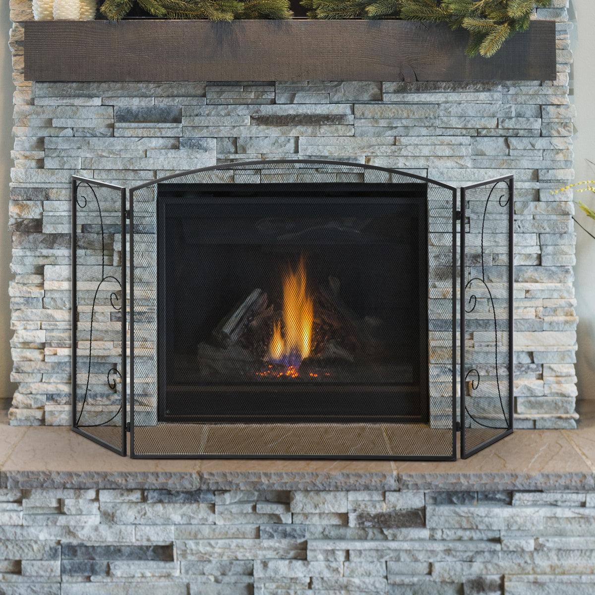 Frente para Lareira de 3 Painéis Frente para Lareira Dobrável com Dobradiças Estrutura Metálica Malha Decorativa 132,5x76,5cm Preto — foto 2