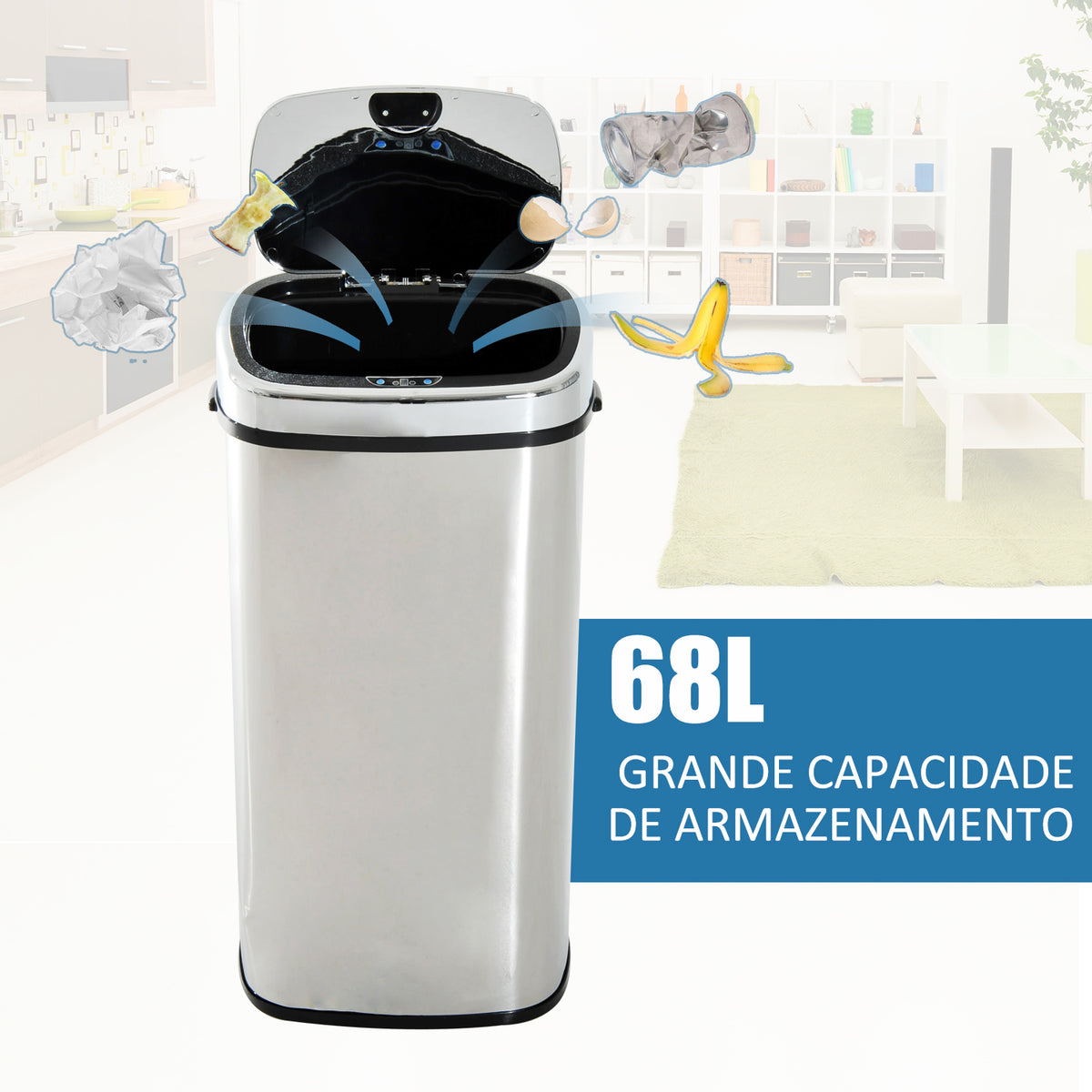 Balde de Lixo Inteligente de Aço Inoxidável 68L com Sensor Infravermelho de Abertura Automática e Contato Manual para Cozinha Dormitório Casa de banho 40,5x29,578cm Prata — foto 4