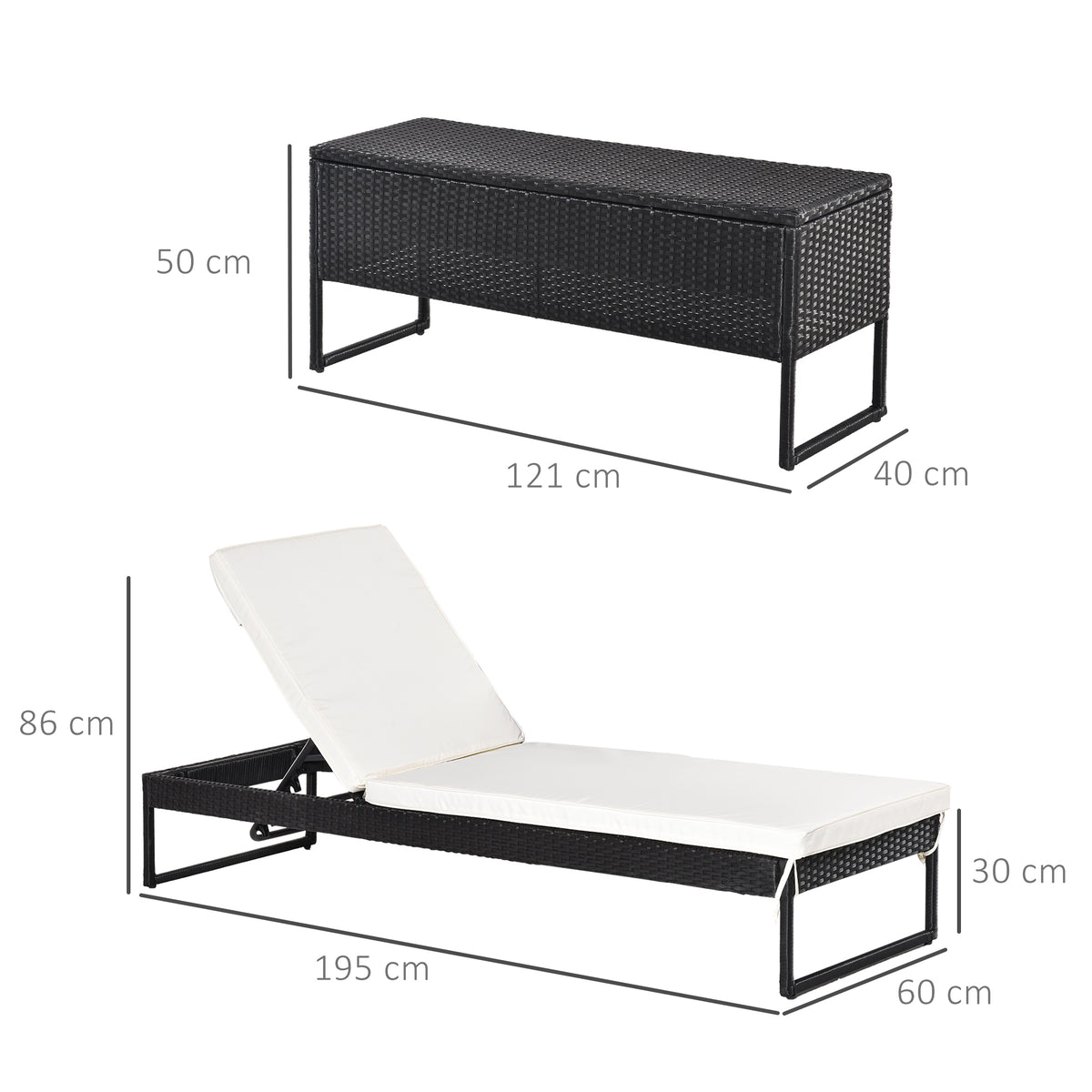 Conjunto de 2 espreguiçadeiras com almofadas acolchoadas de vime mesa lateral para piscina Carga 160kg 195x60x86 cm Estrutura em aço — foto 3