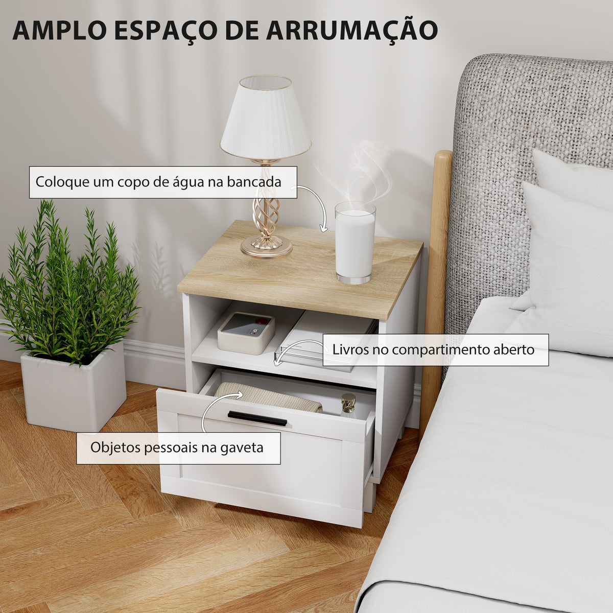Conjunto de 2 Mesas de Cabeceira Modernas Mesas de Cabeceira com Gaveta Compartimento Aberto Pés de Madeira Mesa Auxiliar para Sala Dormitório 45x38x50 cm Branco — foto 5