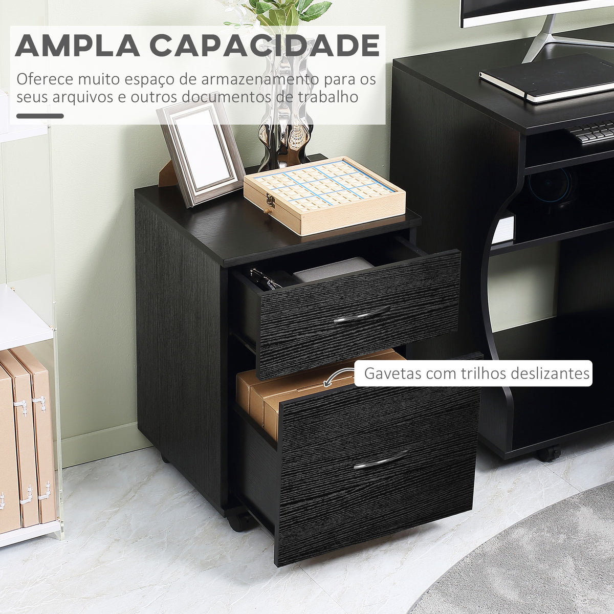Bloco de Gavetas de Madeira Móvel para Arquivos para Escritório com 2 Gavetas 4 Rodas e 2 Travões para Escritório Secretaria Casa 41x39x58cm Preto — foto 4