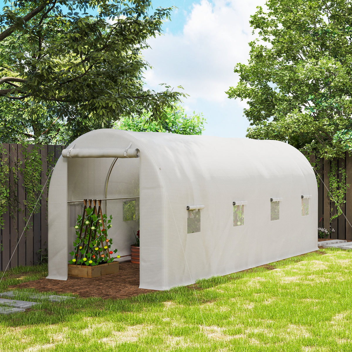 Estufa tipo Túnel 500x200x205 cm Estufa de Jardim com Porta Enrolável e 8 Janelas Cobertura de PE 140 g/m² Estrutura de Metal para Cultivo de Plantas Verduras Branco — foto 2