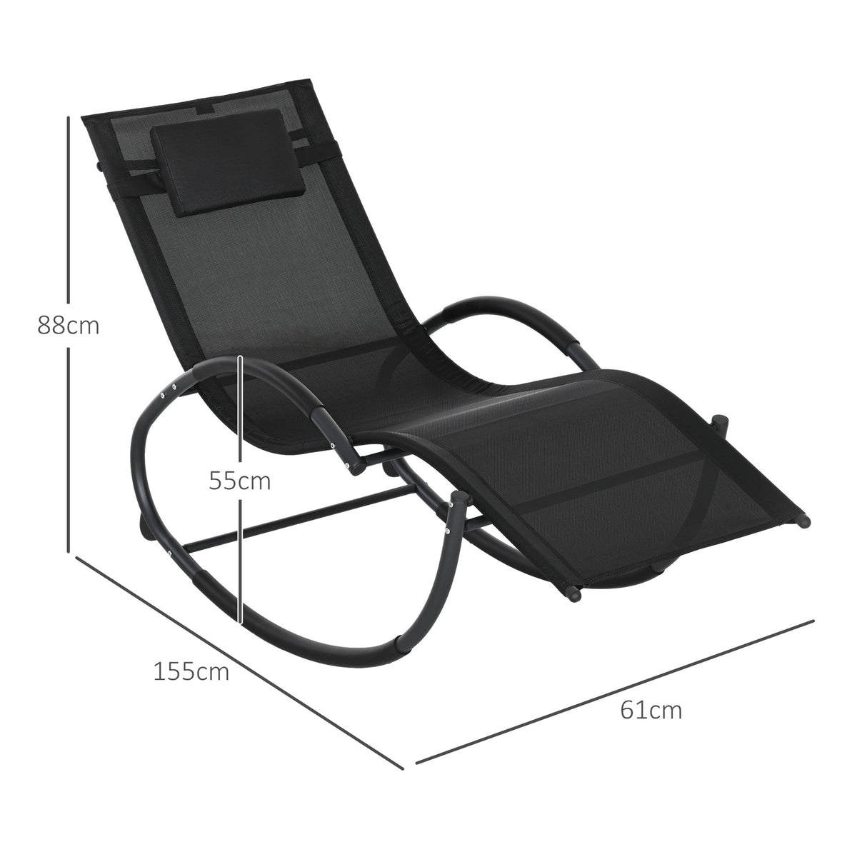 Espreguiçadeira Baloiço de Jardim com Apoio para os Braços Almofada para a Cabeça Removível Espreguiçadeira de Exterior com Tecido Transpirável para Pátio Terraço 155x61x88 cm Preto — foto 3