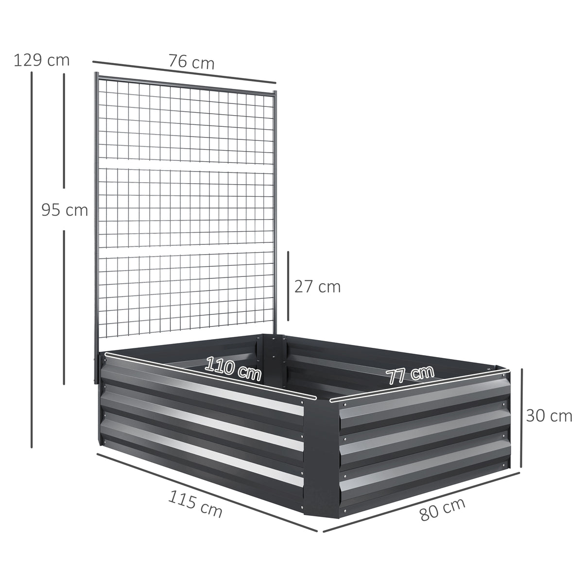 Caixa de Plantio Grande de Exterior Caixa de Plantio de Aço Galvanizado com Treliça para Plantas Trepadeiras e Fundo Aberto para Pátio Varanda 80x115x125 cm Cinza Escuro — foto 3