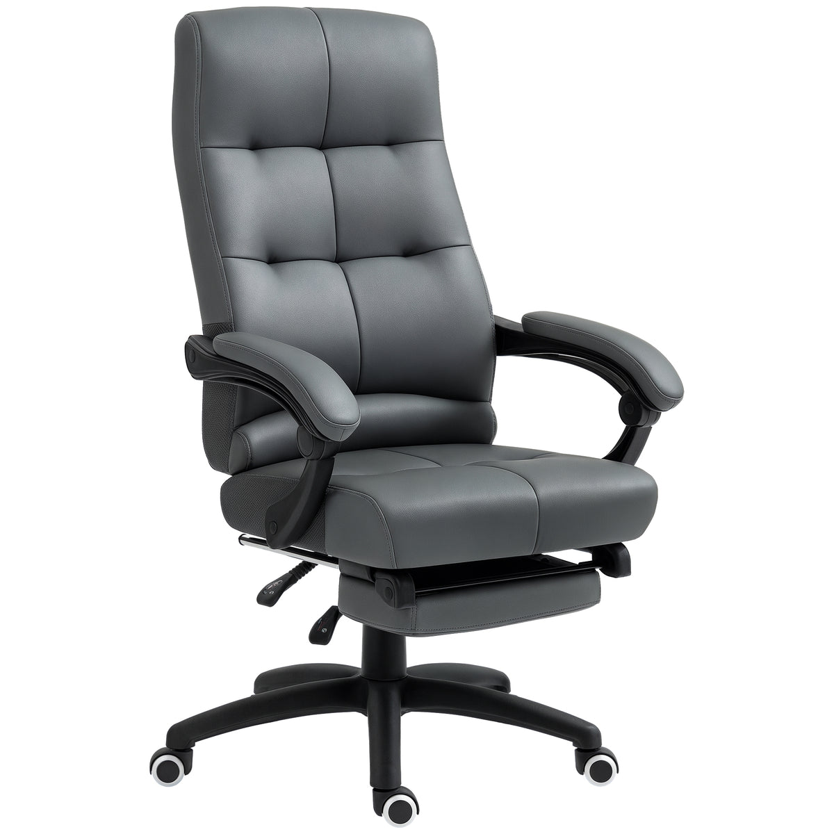 Cadeira de Escritório Ergonómica Giratória Cadeira de Escritório Reclinável Estofada em PU com Altura Ajustável Apoio para os Braços e Apoio para os Pés 65x65x118-125 cm Cinza Escuro — foto 1