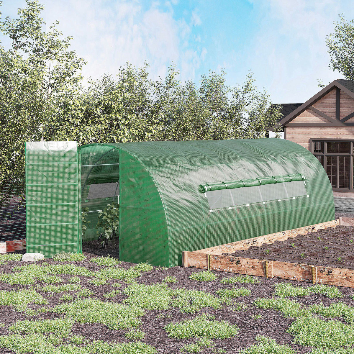 Estufa Tipo Túnel 570x292x197cm com Porta e Janelas Estufa de Jardim Grande com Cobertura de PE e Metal Galvanizado para Cultivos de Plantas Verduras Verde — foto 2