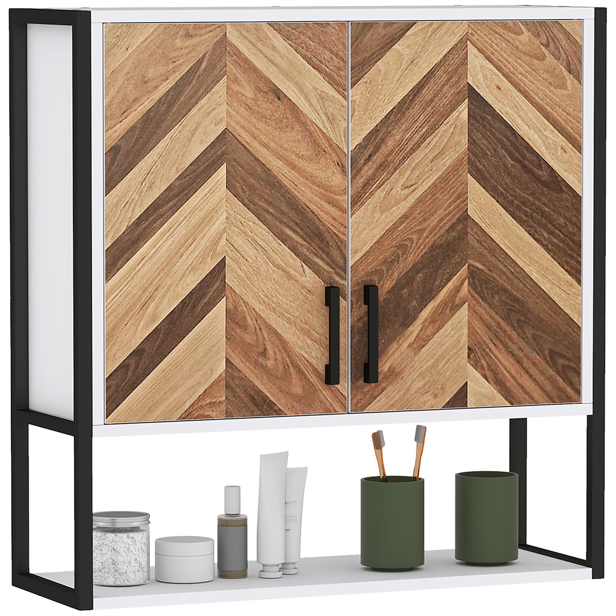 Armário de Parede para Casa de Banho Móvel Casa de Banho de Parede Armário Suspenso de Arrumação com 2 Portas Prateleiras Ajustáveis e Prateleira Aberta 59x20x60 cm Branco e Madeira — foto 1