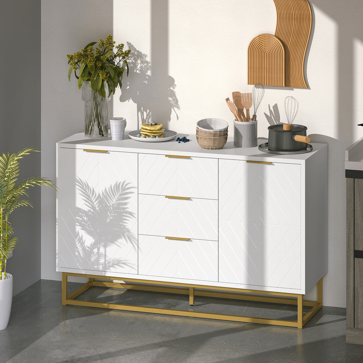 Aparador Auxiliar Armário de Armazenamento com 3 Gavetas e 2 Armários com Porta Prateleira Ajustável para Sala de Estar Cozinha 120x40x76 cm Branco — foto 2