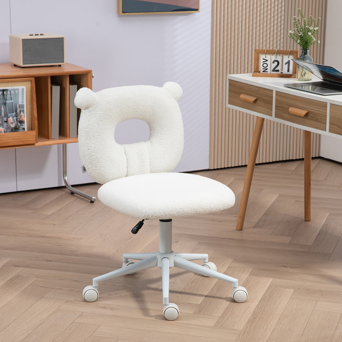 Cadeira de Secretária em Borrego Cadeira Infantil Giratória com Assento Ajustável em Altura e Encosto em Forma de Urso Capacidade 120 kg 50x56x80-90 cm Branco — foto 2