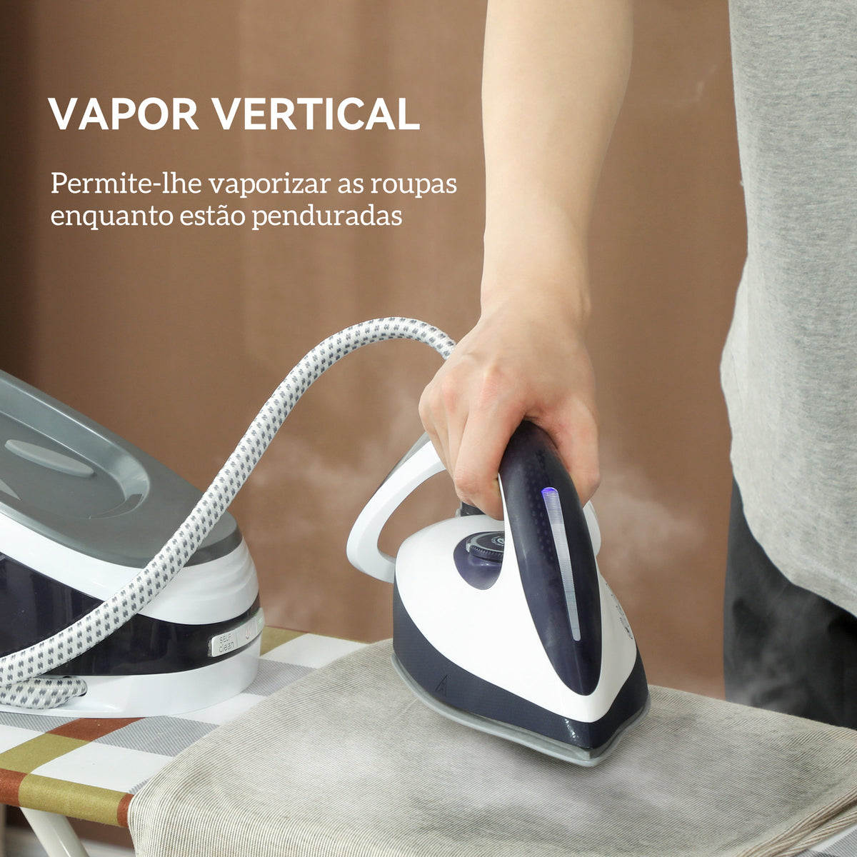 Ferro com Caldeira 2600W 100 g/min 8 Bares Função ECO Base de Cerâmica Engomagem Vertical Potente Desligamento Automático Sistema Anticalcário Autolimpeza Depósito Removível 1,5 L 37x19,8x24 cm Azul — foto 7